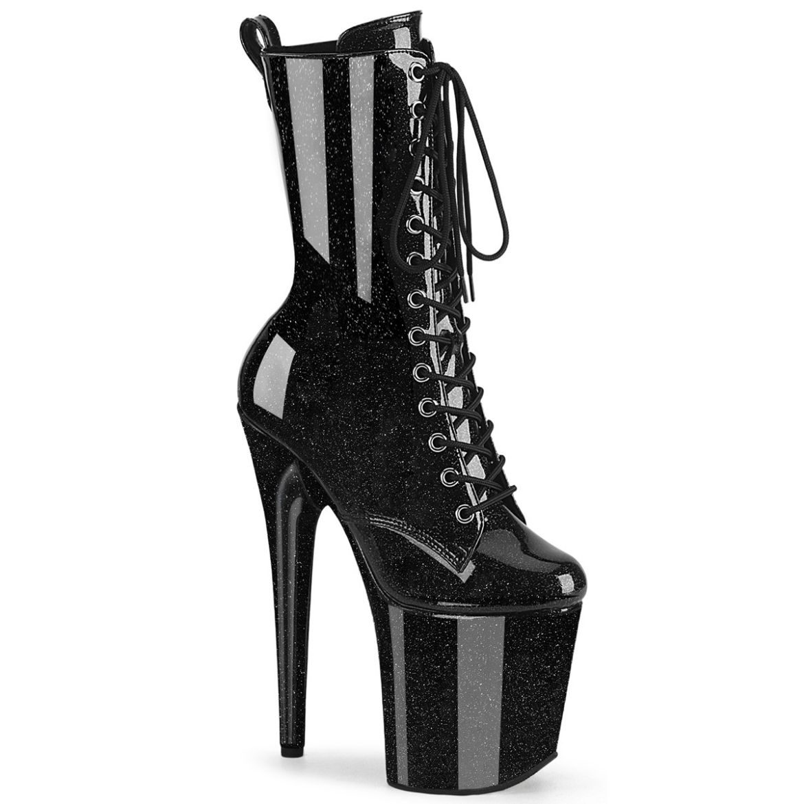 Product image of Pleaser FLAMINGO-1040GP Blk Glitter Pat/M 8 Inch Heel 4 Inch PF Lace Up Front Ankle Boot Side Zip