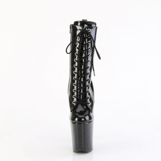 Product image of Pleaser FLAMINGO-1040GP Blk Glitter Pat/M 8 Inch Heel 4 Inch PF Lace Up Front Ankle Boot Side Zip