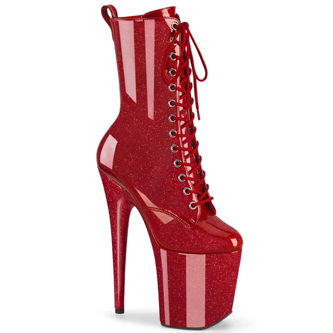 Product image of Pleaser FLAMINGO-1040GP Ruby Red Glitter Pat/M 8 Inch Heel 4 Inch PF Lace Up Front Ankle Boot Side Zip