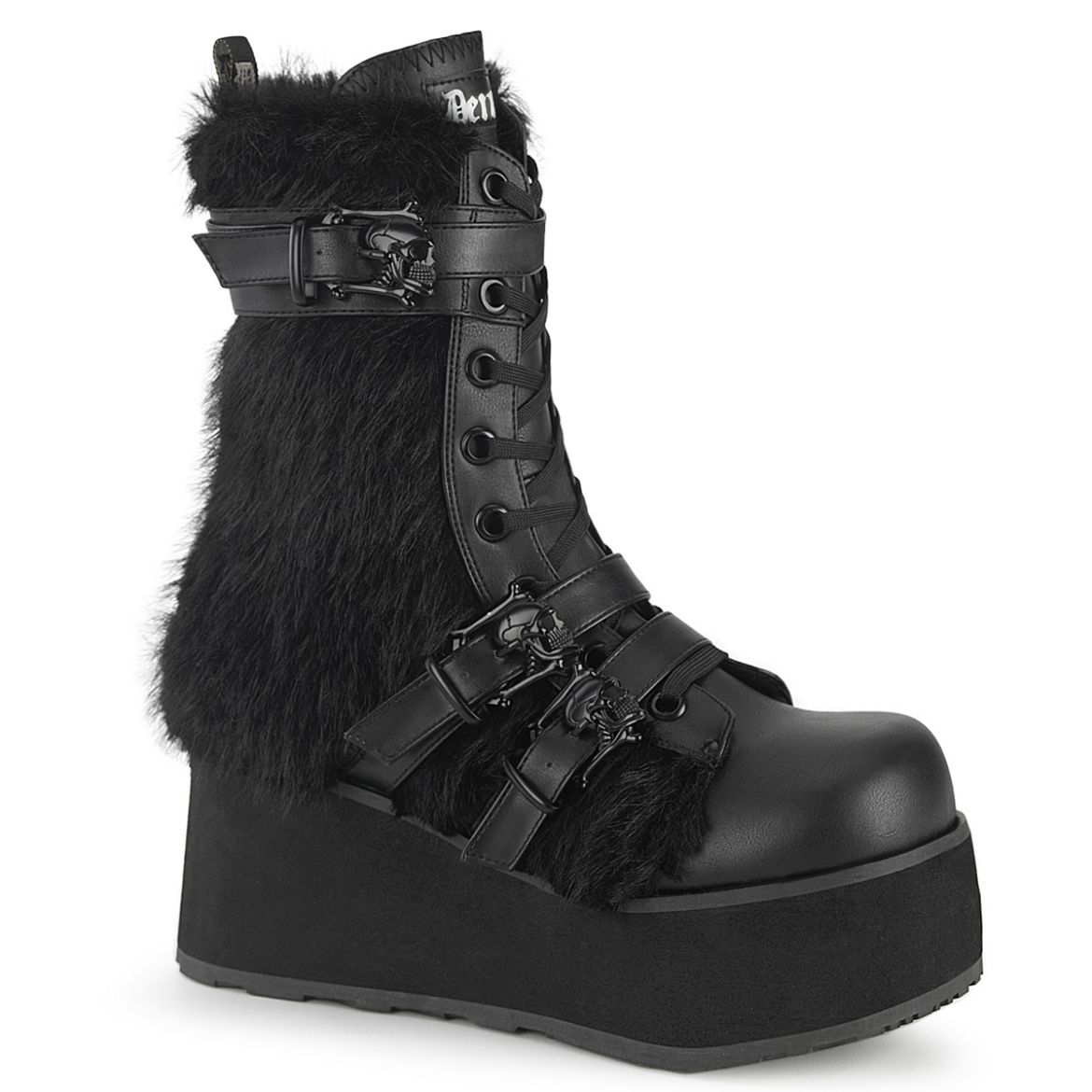 Product image of Demonia TRASHVILLE-218 Blk Vegan Leather-Faux Fur 3 1/4 Inch PF Lace-Up Mid-Calf Boot Side Zip