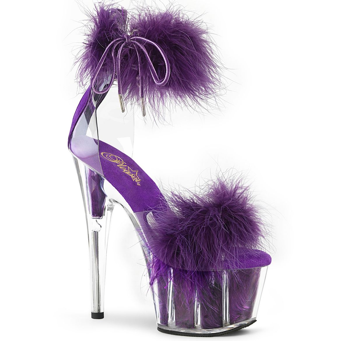 Product image of Pleaser ADORE-724F Clr-Purple Fur/M 7 Inch Heel 2 3/4 Inch PF Marabou Fur Ankle Cuff Sandal Back Zip