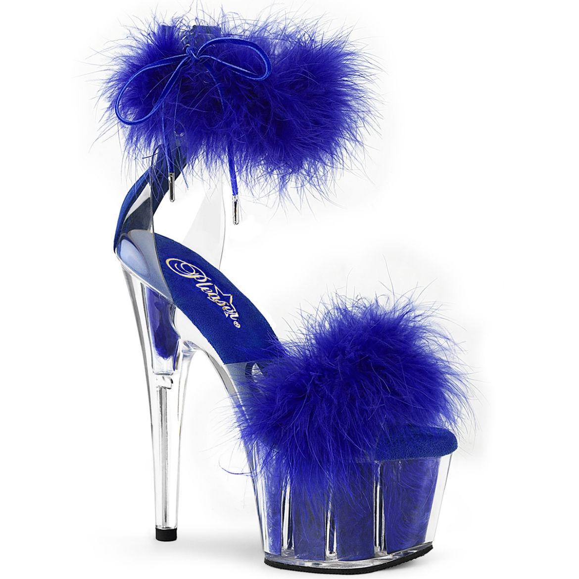 Product image of Pleaser ADORE-724F Clr-Royal Blue Fur/M 7 Inch Heel 2 3/4 Inch PF Marabou Fur Ankle Cuff Sandal Back Zip