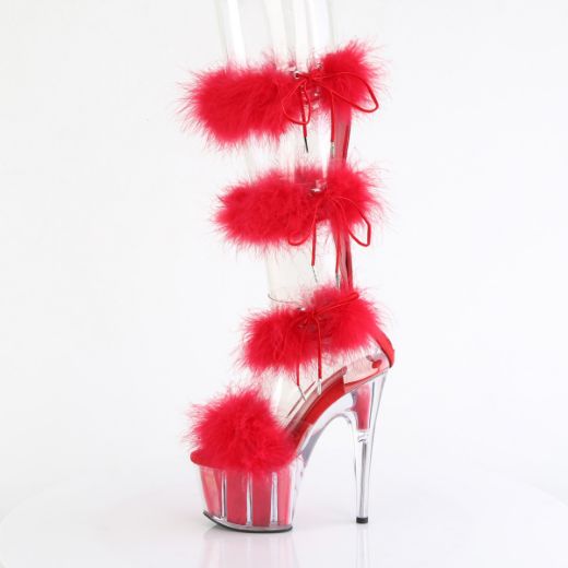 Product image of Pleaser ADORE-728F Clr-Red Fur/M 7 Inch Heel 2 3/4 Inch PF Marabou Fur Sandal Back Zip