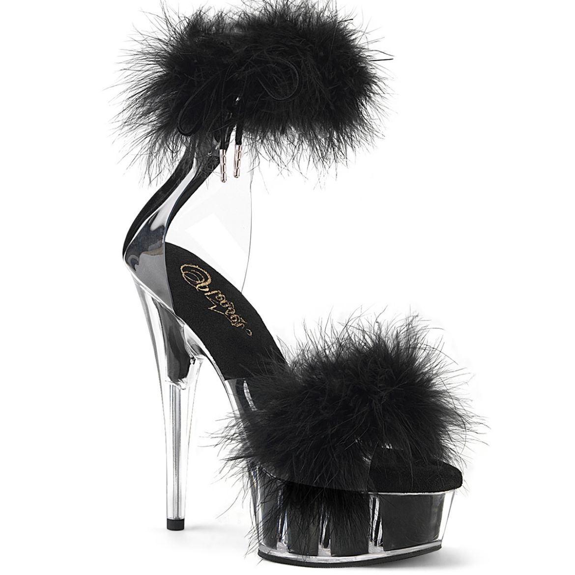 Product image of Pleaser DELIGHT-624F Clr-Blk Fur/M 6 Inch Heel 1 3/4 Inch PF Marabou Fur Ankle Cuff Sandal Back Zip