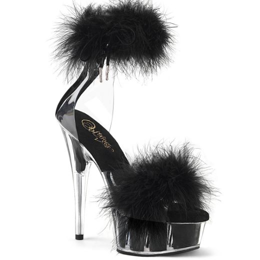 Product image of Pleaser DELIGHT-624F Clr-Blk Fur/M 6 Inch Heel 1 3/4 Inch PF Marabou Fur Ankle Cuff Sandal Back Zip