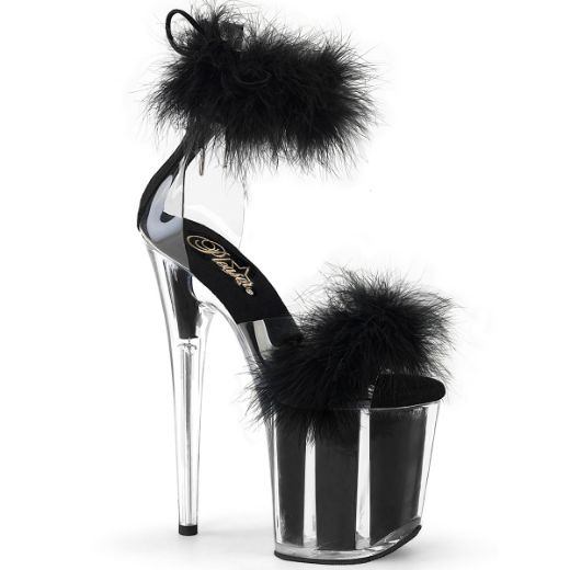 Product image of Pleaser FLAMINGO-824F Clr-Blk Fur/M 8 Inch Heel 4 Inch PF Marabou Fur Ankle Cuff Sandal Back Zip