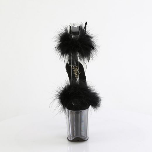 Product image of Pleaser FLAMINGO-824F Clr-Blk Fur/M 8 Inch Heel 4 Inch PF Marabou Fur Ankle Cuff Sandal Back Zip