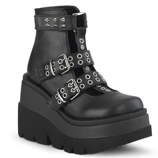 Product image of Demonia SHAKER-62 Blk Vegan Leather 4 1/2 Inch Wedge Platform Cage Bootie Back Zip