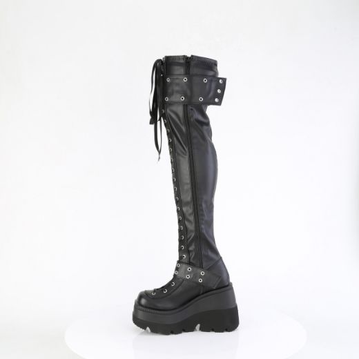 Product image of Demonia SHAKER-325 Blk Vegan Leather 4 1/2 Inch Wedge PF Lace-Up Stretch Thigh High Boot Side Zip