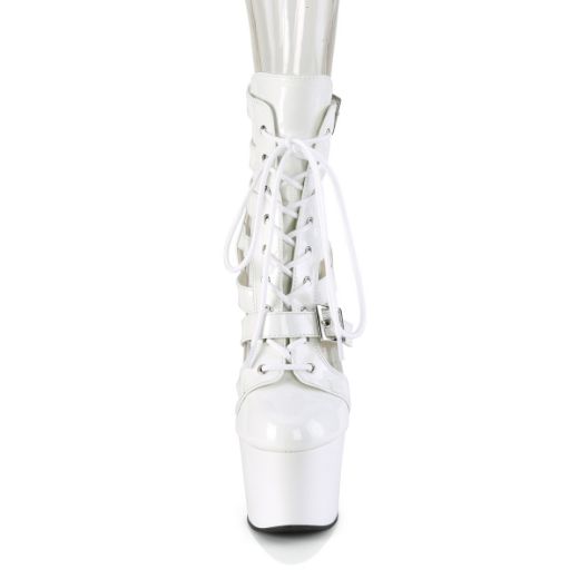 Product image of Pleaser ADORE-1013MST Wht Pat/Wht 7 Inch Heel 2 3/4 Inch PF Strappy Lace-Up Cage Bootie Back Zip