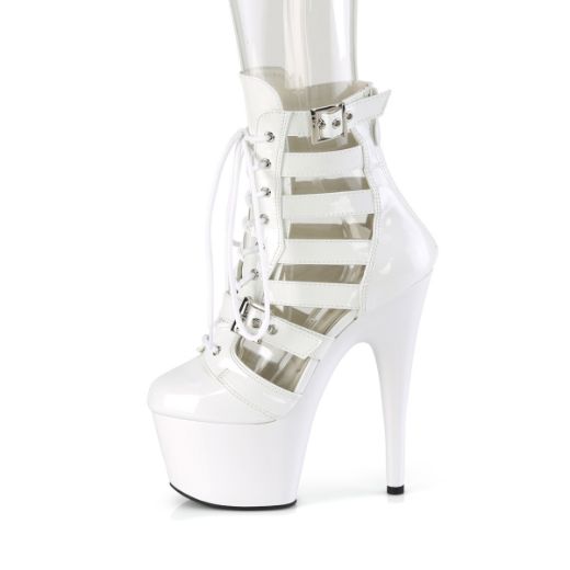 Product image of Pleaser ADORE-1013MST Wht Pat/Wht 7 Inch Heel 2 3/4 Inch PF Strappy Lace-Up Cage Bootie Back Zip