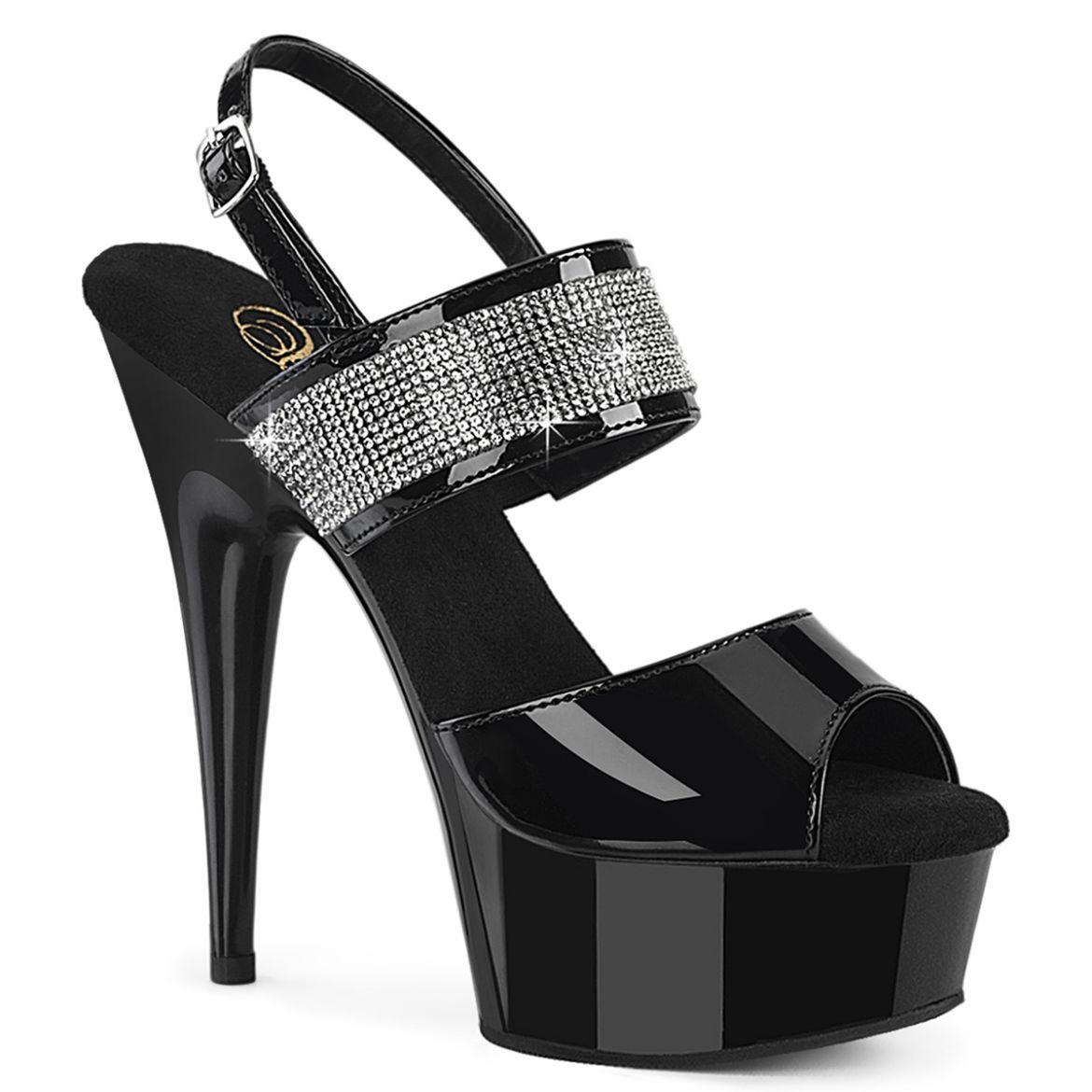 Product image of Pleaser DELIGHT-639 Blk Pat/Blk 6 Inch Heel 1 3/4 Inch PF Sling Back Ankle Strap Sandal