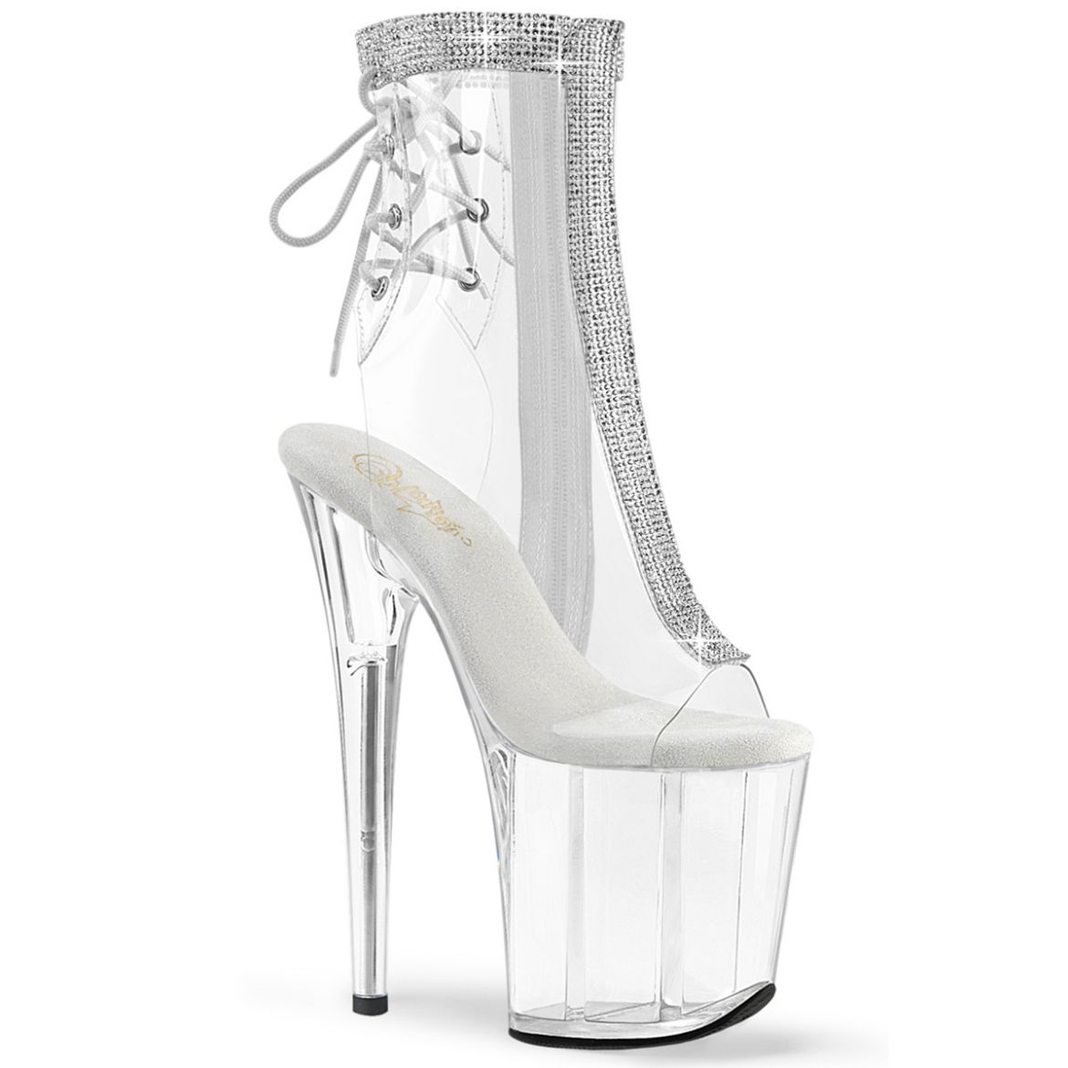 Product image of Pleaser FLAMINGO-1018C-2RS Clr-RS/Clr 8 Inch Heel 4 Inch PF Open Toe/Heel Ankle Boot w/RS