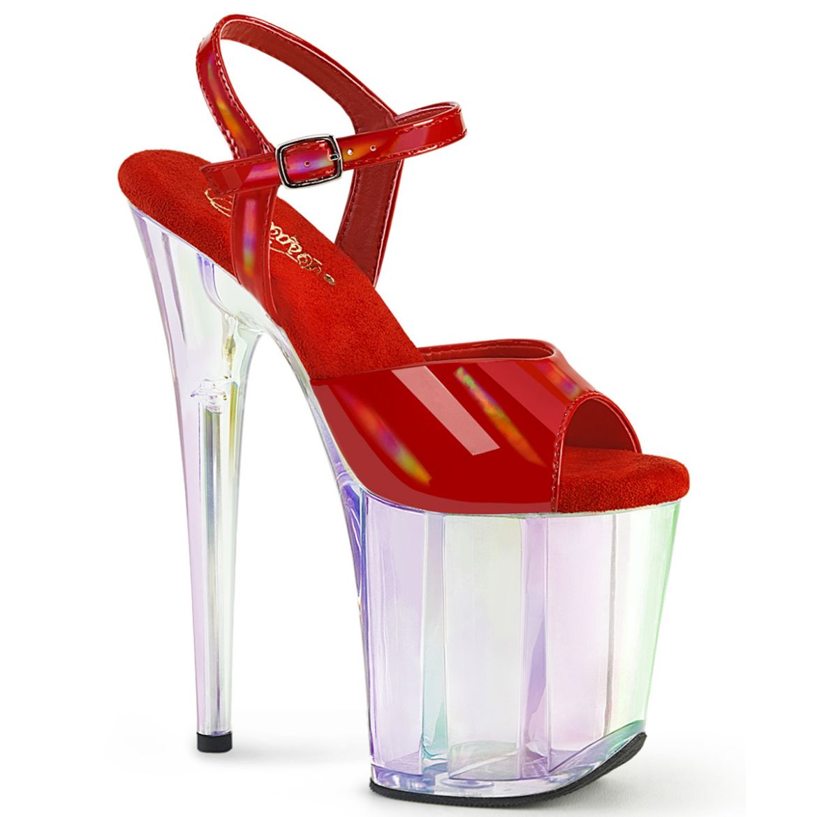 Product image of Pleaser FLAMINGO-809HT Red Holo Pat/Holo Tinted 8 Inch Heel 4 Inch Holo Tinted PF Ankle Strap Sandal