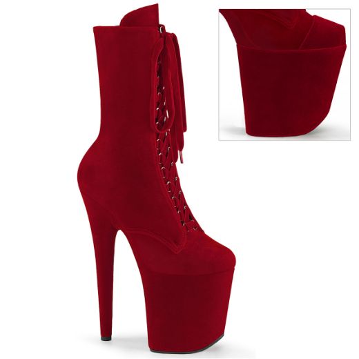 Product image of Pleaser FLAMINGO-1045VEL Red Velvet/Red Velvet 8 Inch Heel 4 Inch PF Velvet Lace-Up Front Ankle Boot