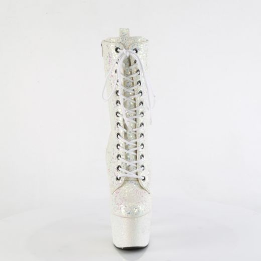 Product image of Pleaser ADORE-1040-IG Opal Iridescent Glitter/M 7 Inch Heel 2 3/4 Inch PF Lace-Up Holo Glitter Ankle Boot Side Zip