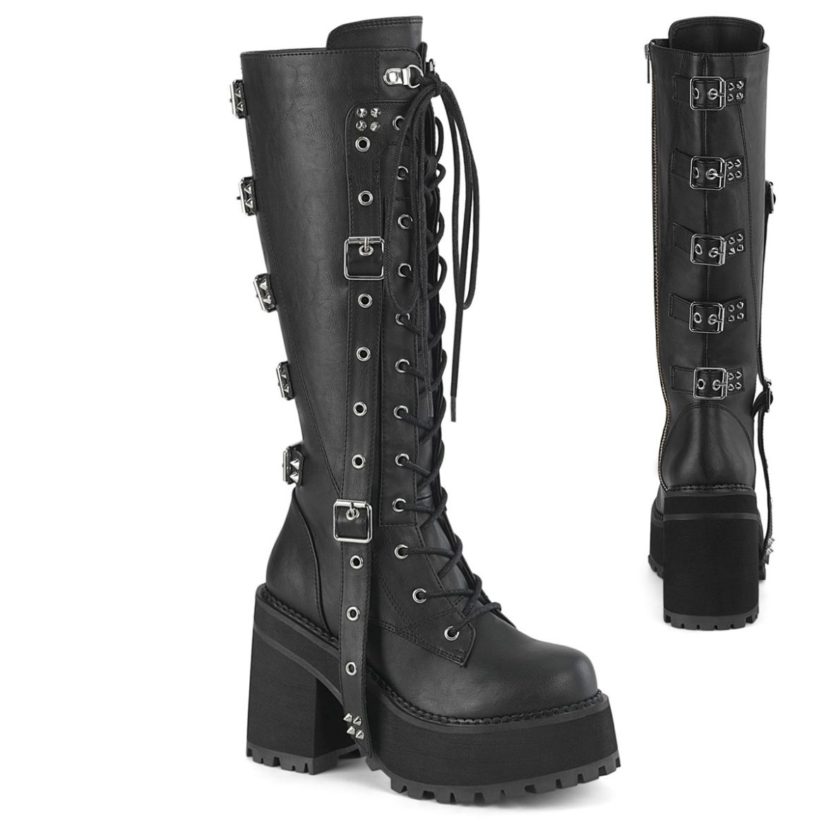 Product image of Demoniacult ASSAULT-218 Blk Vegan Leather 4 3/4 Inch Heel 2 1/4 Inch PF Lace-Up Knee High Boot Inside Zip