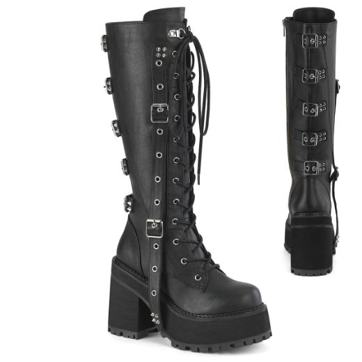 Product image of Demoniacult ASSAULT-218 Blk Vegan Leather 4 3/4 Inch Heel 2 1/4 Inch PF Lace-Up Knee High Boot Inside Zip