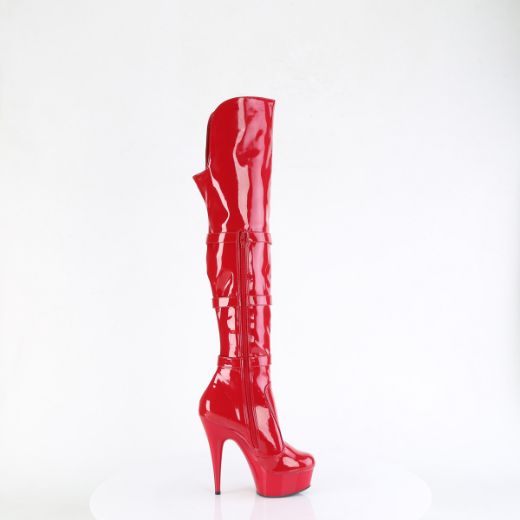 Product image of Pleaser DELIGHT-3018 Red Str. Pat/Red 6 Inch Heel 1 3/4 Inch PF Triple Buckle Strap OTK Boot Side Zip