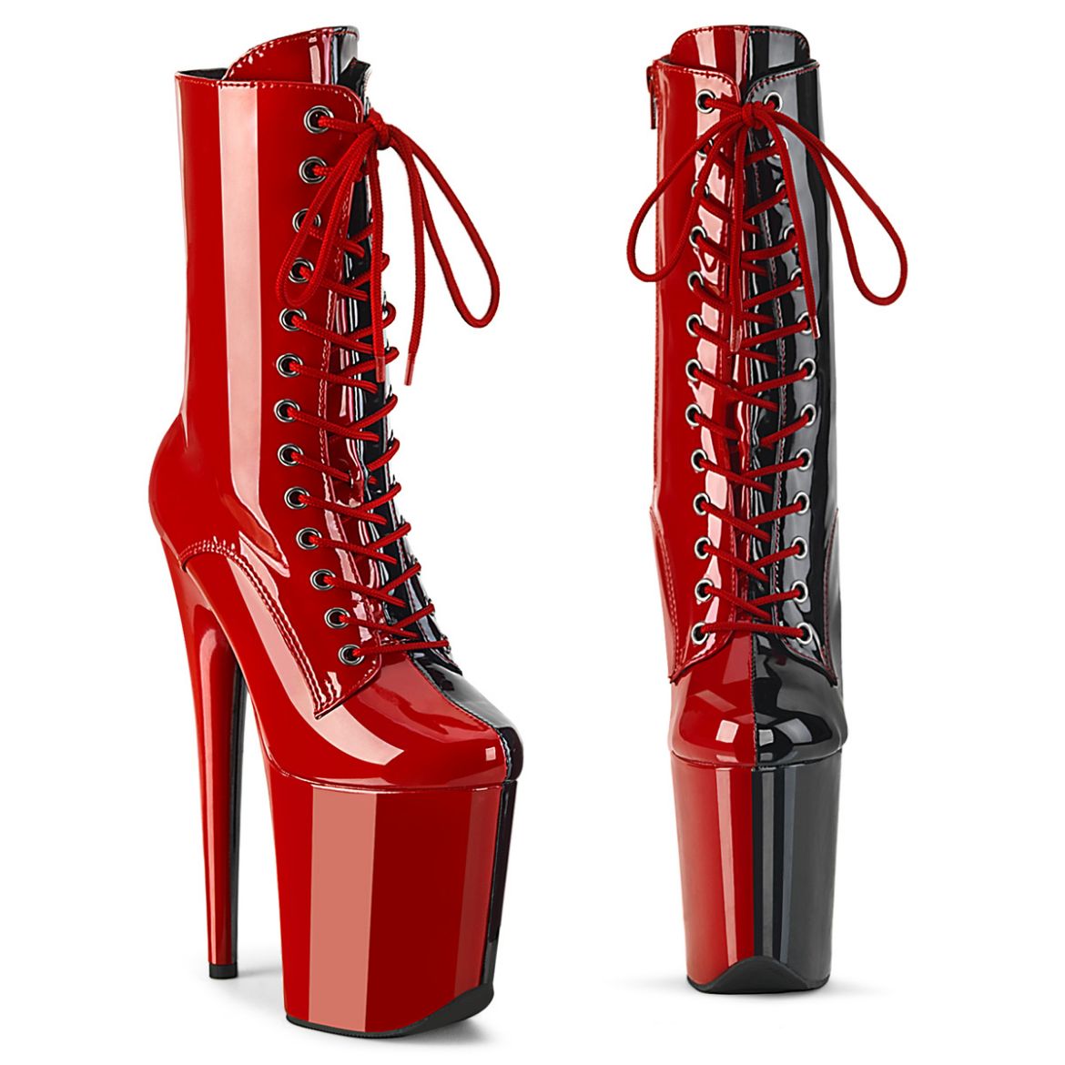 Product image of Pleaser FLAMINGO-1040TT Red-Blk Pat/Red-Blk 8 Inch Heel 4 Inch PF Two Tone Lace-Up Ankle Boot Side Zip