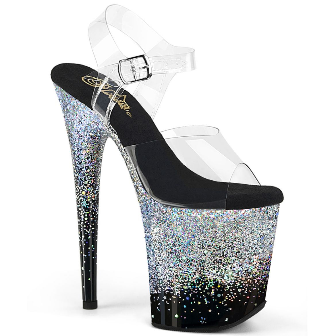 Product image of Pleaser FLAMINGO-808SS Clr/Blk-Slv Multi Glitter 8 Inch Heel 4 Inch PF Ankle Strap Sandal