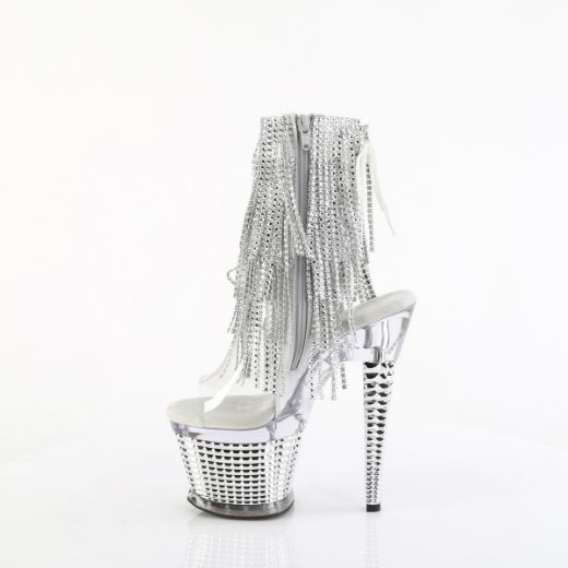 Product image of Pleaser SPECTATOR-1017RSF Clr-Slv/Clr-Slv Chrome 7 Inch Heel 3 Inch Textured PF Open Toe/Heel Lace-Up Fringe Ankle