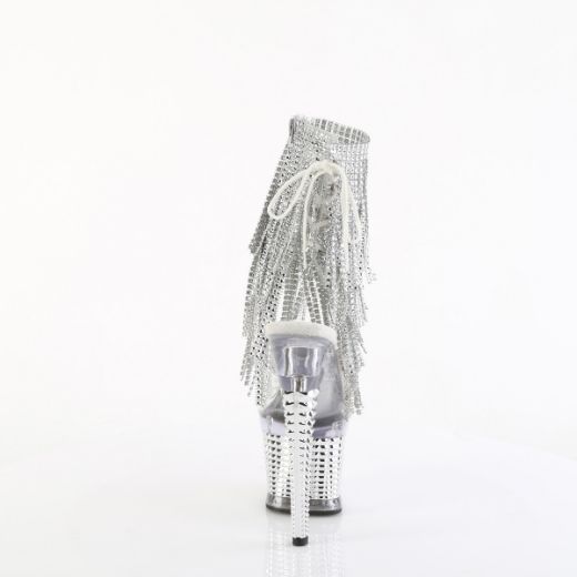 Product image of Pleaser SPECTATOR-1017RSF Clr-Slv/Clr-Slv Chrome 7 Inch Heel 3 Inch Textured PF Open Toe/Heel Lace-Up Fringe Ankle