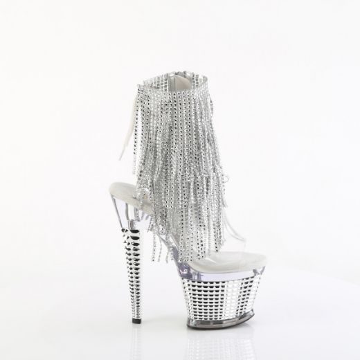 Product image of Pleaser SPECTATOR-1017RSF Clr-Slv/Clr-Slv Chrome 7 Inch Heel 3 Inch Textured PF Open Toe/Heel Lace-Up Fringe Ankle