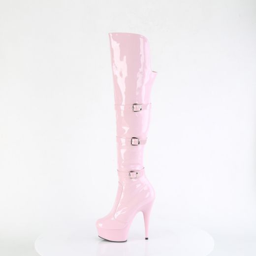 Product image of Pleaser DELIGHT-3018 B. Pink Str. Pat/B. Pink 6 Inch Heel 1 3/4 Inch PF Triple Buckle Strap OTK Boot Side Zip