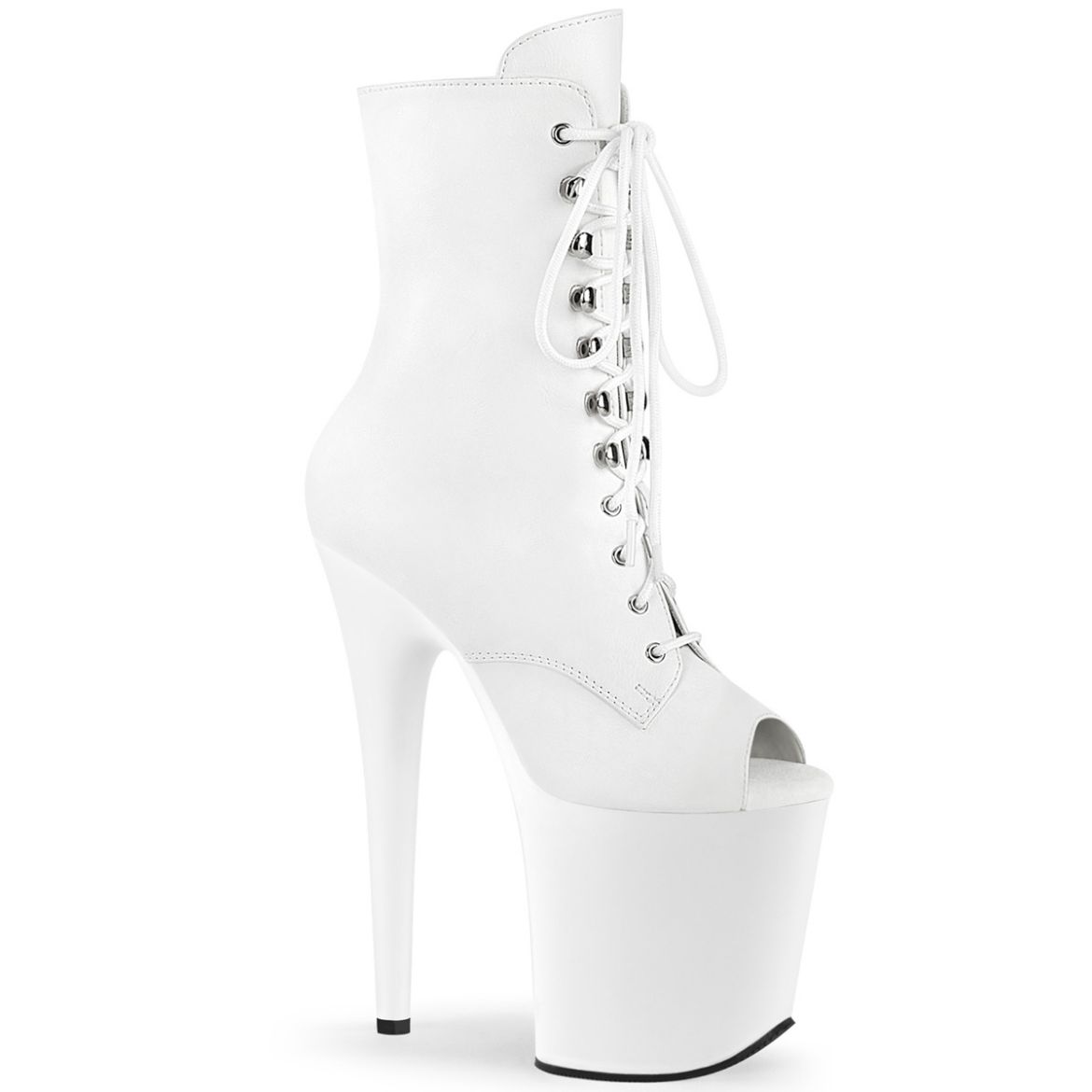 Product image of Pleaser FLAMINGO-1021 Wht Faux Leather/Wht Matte 8 Inch Heel 4 Inch PF Peep Toe Lace-Up Ankle Boot Side Zip