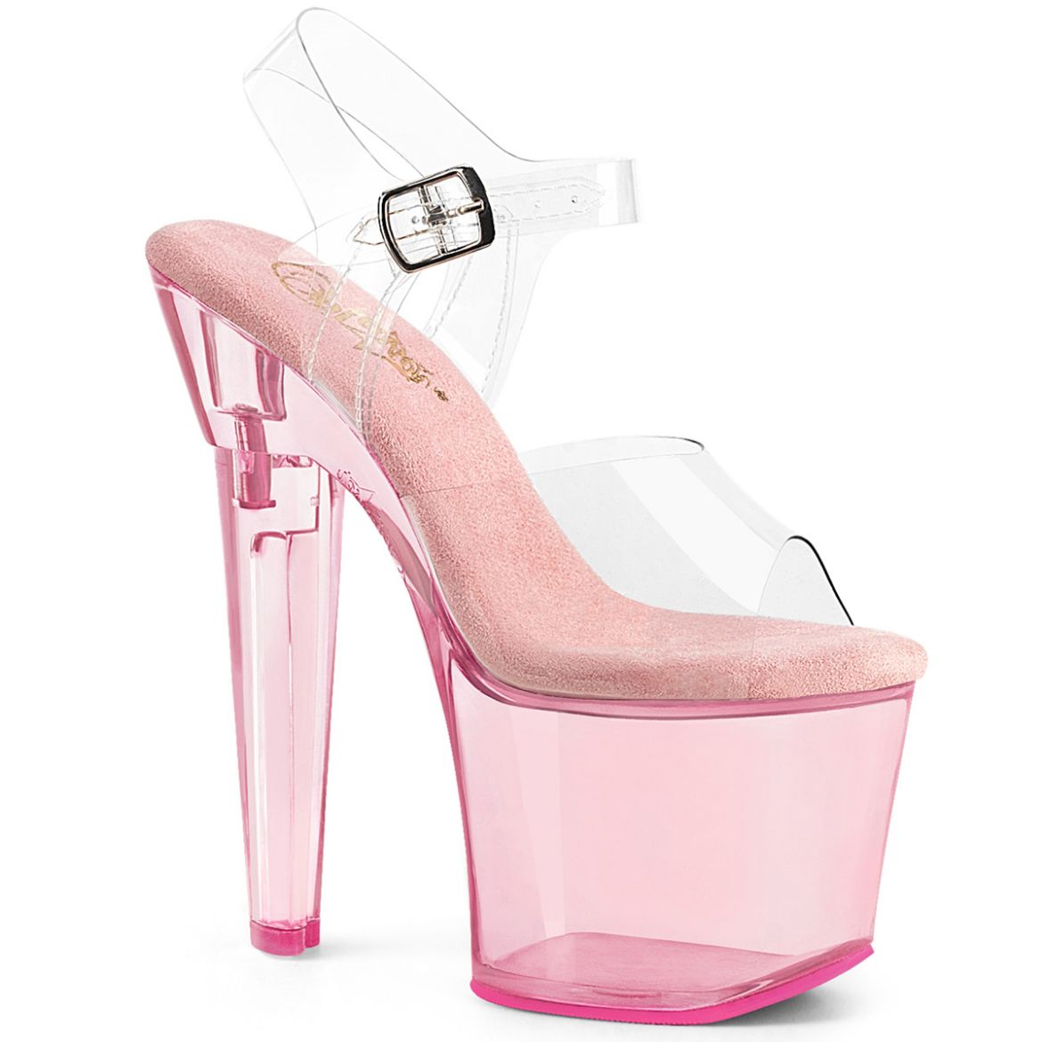 Product image of Pleaser LOVESICK-708T Clr/B. Pink Tinted 7 Inch Heart Shaped Heel 3 1/4 Inch PF Ankle Strap Sandal