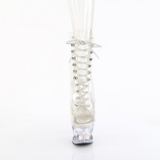 Product image of Pleaser MOON-1021C-DIA Clr/Clr 7 Inch Heel 2 3/4 Inch Cut-Out PF Lace-Up Ankle Boot Side Zip