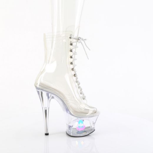 Product image of Pleaser MOON-1021C-DIA Clr/Clr 7 Inch Heel 2 3/4 Inch Cut-Out PF Lace-Up Ankle Boot Side Zip