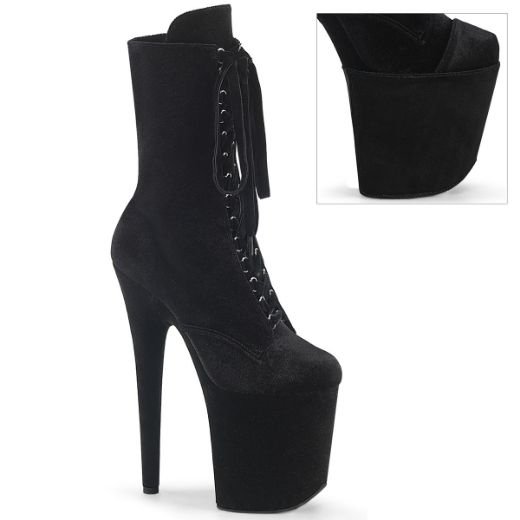 Product image of Pleaser FLAMINGO-1045VEL Blk Velvet/Blk Velvet 8 Inch Heel 4 Inch PF Velvet Lace-Up Front Ankle Boot