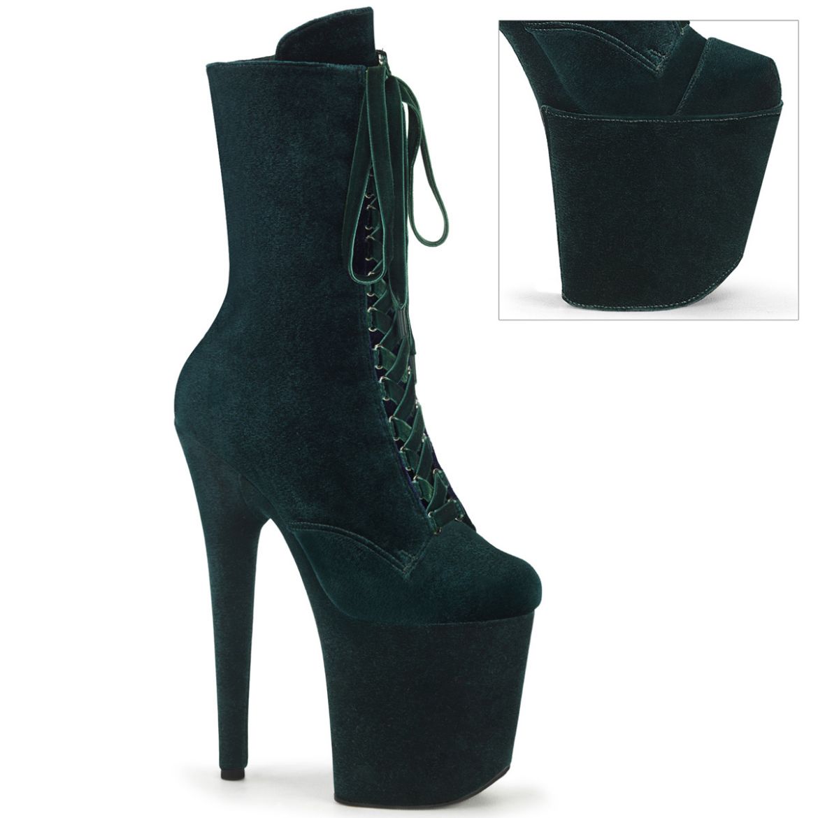 Product image of Pleaser FLAMINGO-1045VEL Emerald Green Velvet/Emerald Green Velvet 8 Inch Heel 4 Inch PF Velvet Lace-Up Front Ankle Boot
