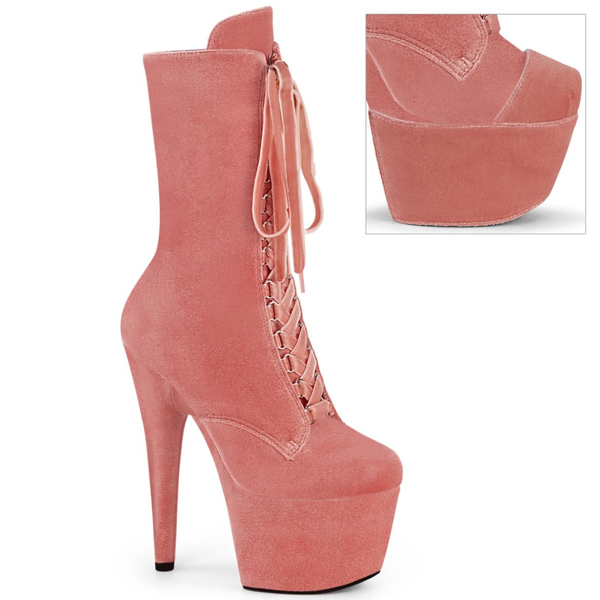 Product image of Pleaser ADORE-1045VEL Dusty Pink Velvet/M 7 Inch Heel 2 3/4 Inch PF Velvet Lace-Up Front Ankle Boot