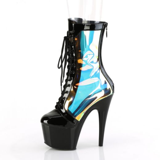 Product image of Pleaser ADORE-1047 Blk Pat-Holo/Blk 7 Inch Heel 2 3/4 Inch PF Lace-Up Front Anke Boot Back Zip