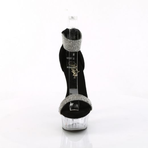 Product image of Pleaser DELIGHT-641 Blk Shimmery Fabric/Clr 6 Inch Heel 1 3/4 Inch PF Rhinestoned Close Back Sandal Back Zip