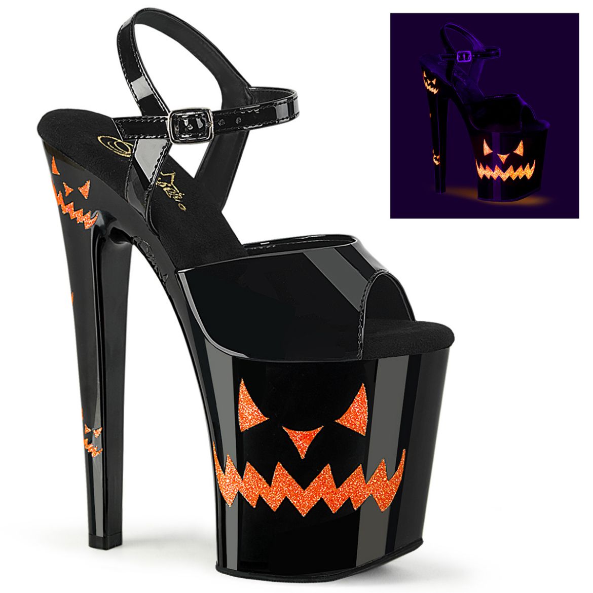Product image of Pleaser XTREME-809JOL Blk Pat/Blk-Neon Orange 8 Inch Heel 4 Inch PF Ankle Strap Sandal w/JOL Faces