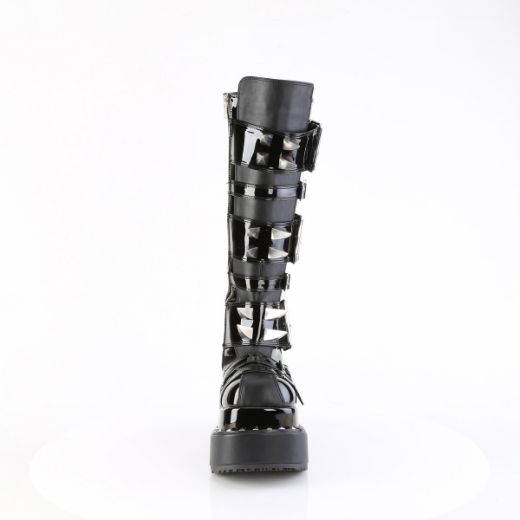 Product image of Demoniacult BEAR-215 Blk Vegan Leather-Pat 4 1/2 Inch Tiered PF Buckle Knee High Inside Zip