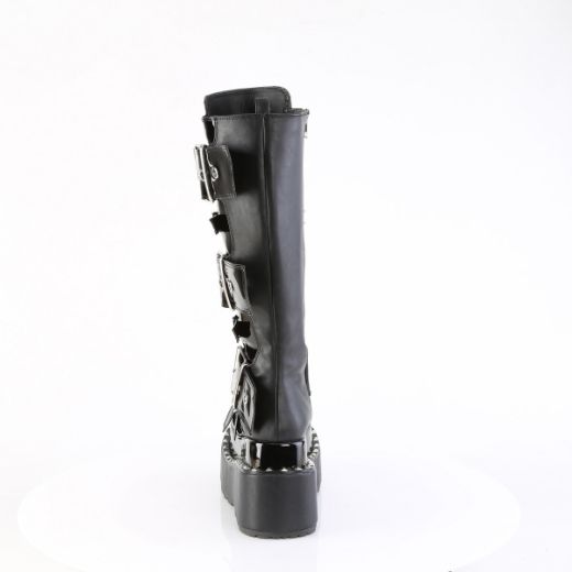 Product image of Demoniacult BEAR-215 Blk Vegan Leather-Pat 4 1/2 Inch Tiered PF Buckle Knee High Inside Zip