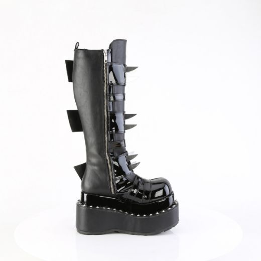 Product image of Demoniacult BEAR-215 Blk Vegan Leather-Pat 4 1/2 Inch Tiered PF Buckle Knee High Inside Zip