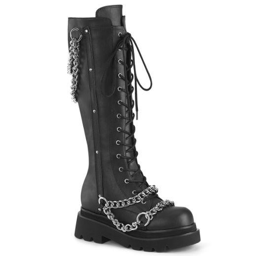 Product image of Demoniacult RENEGADE-215 Blk Vegan Leather 2 1/2 Inch Tiered PF Lace-Up Knee High Boots Inside Zip