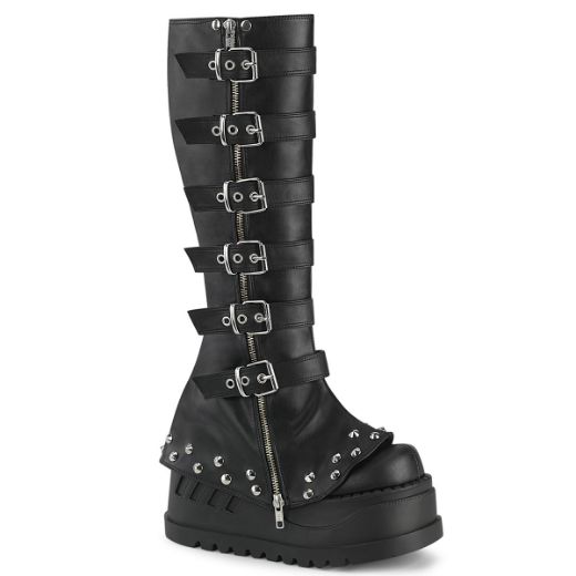 Product image of Demoniacult STOMP-223 Blk Vegan Leather 4 3/4 Inch Wedge PF STR Knee High Boot Inside Zip