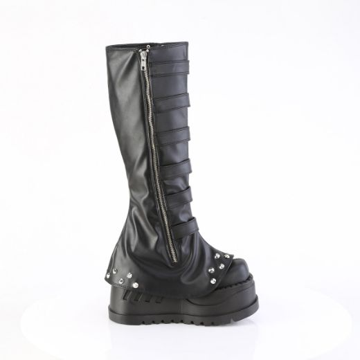 Product image of Demoniacult STOMP-223 Blk Vegan Leather 4 3/4 Inch Wedge PF STR Knee High Boot Inside Zip