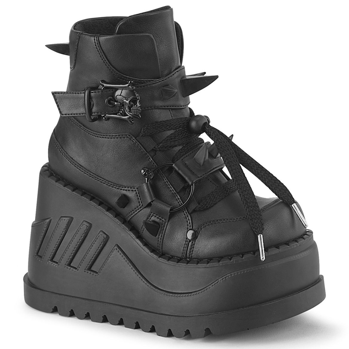 Product image of Demoniacult STOMP-60 Blk Vegan Leather 4 3/4 Inch Wedge PF Lace-Up Ankle Boot Inside Zip