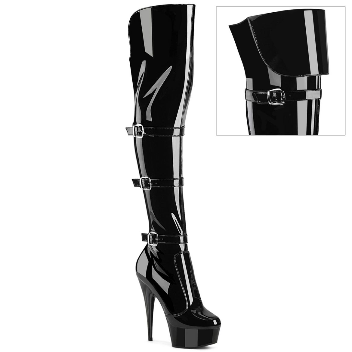 Product image of Pleaser DELIGHT-3018 Blk Str. Pat/Blk 6 Inch Heel 1 3/4 Inch PF Triple Buckle Strap OTK Boot Side Zip