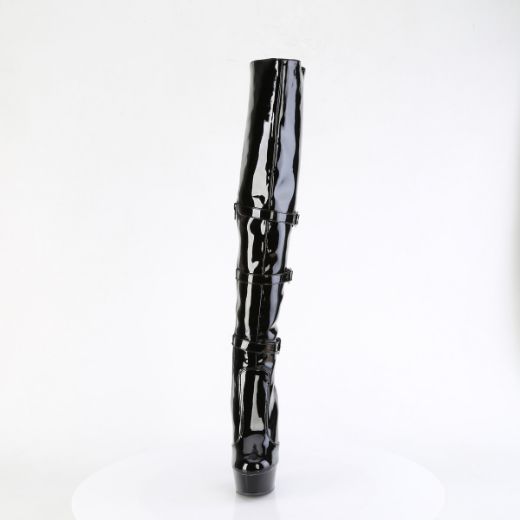 Product image of Pleaser DELIGHT-3018 Blk Str. Pat/Blk 6 Inch Heel 1 3/4 Inch PF Triple Buckle Strap OTK Boot Side Zip
