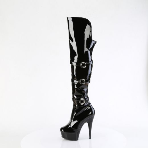 Product image of Pleaser DELIGHT-3018 Blk Str. Pat/Blk 6 Inch Heel 1 3/4 Inch PF Triple Buckle Strap OTK Boot Side Zip