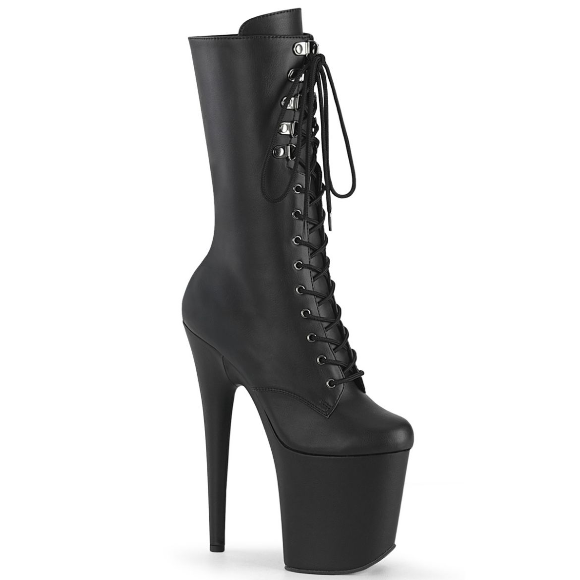 Product image of Pleaser FLAMINGO-1054 Blk Faux Leather/Blk Matte 8 Inch Heel 4 Inch PF Lace-Up Front Mid Calf Boot Side Zip